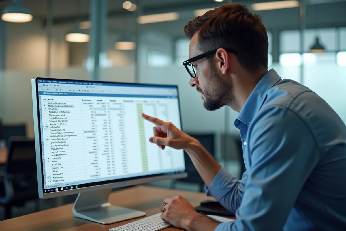 Homme expliquant une formule de calcul d'âge dans Excel sur un écran d'ordinateur de bureau en open space