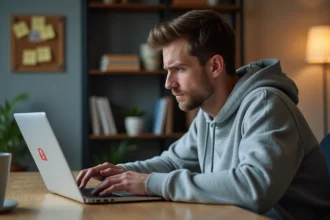 Homme frustré devant son ordinateur portable affichant une erreur lors du téléchargement de vidéos MP4
