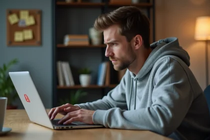 Homme frustré devant son ordinateur portable affichant une erreur lors du téléchargement de vidéos MP4