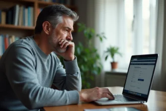Homme frustré consultant un test d'éligibilité SFR sur son ordinateur portable à domicile