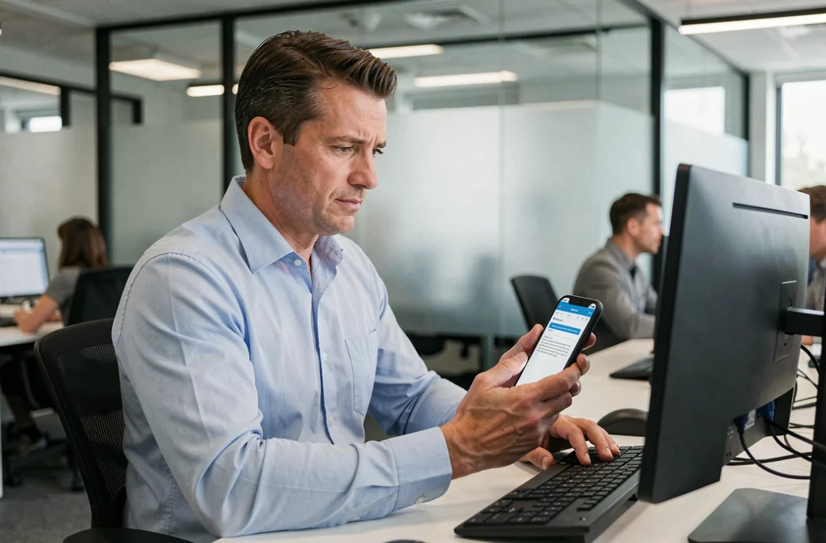 Homme en open space consultant un email avec un lien d'activation expiré sur son smartphone
