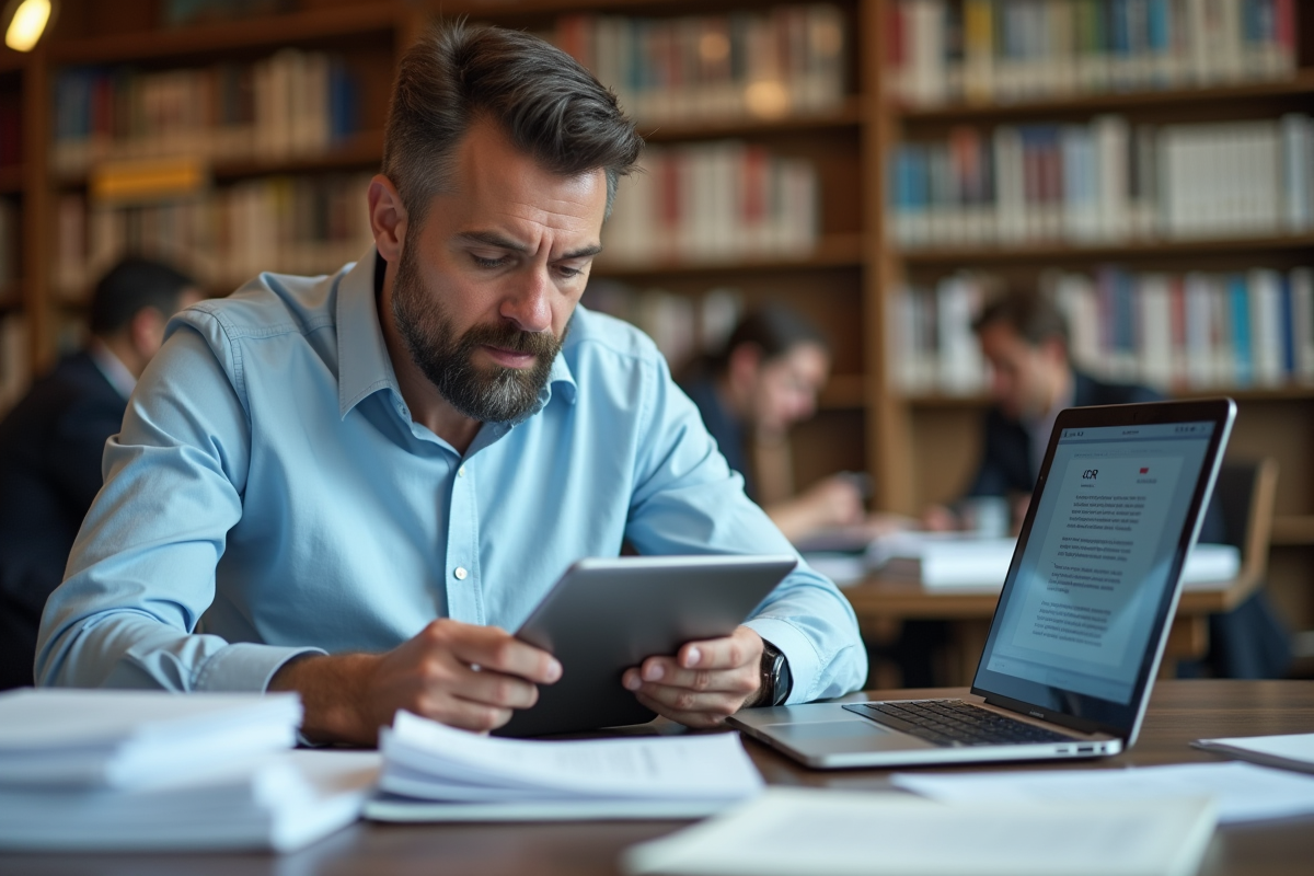 Homme d age scanne un document dans une bibliothèque