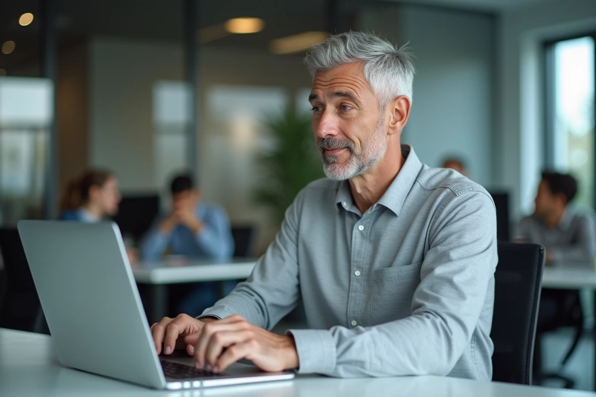 Homme en open space mémorisant mentalement des raccourcis clavier flèches sur son ordinateur portable au travail