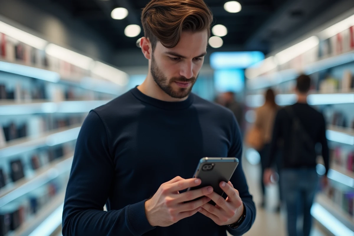 Homme examinant le smartphone Portable.tesla dans un magasin d'électronique bondé en 2026
