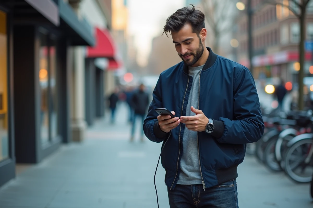 Homme rechargeant son Samsung Galaxy S24 FE via câble USB-C dans une rue urbaine