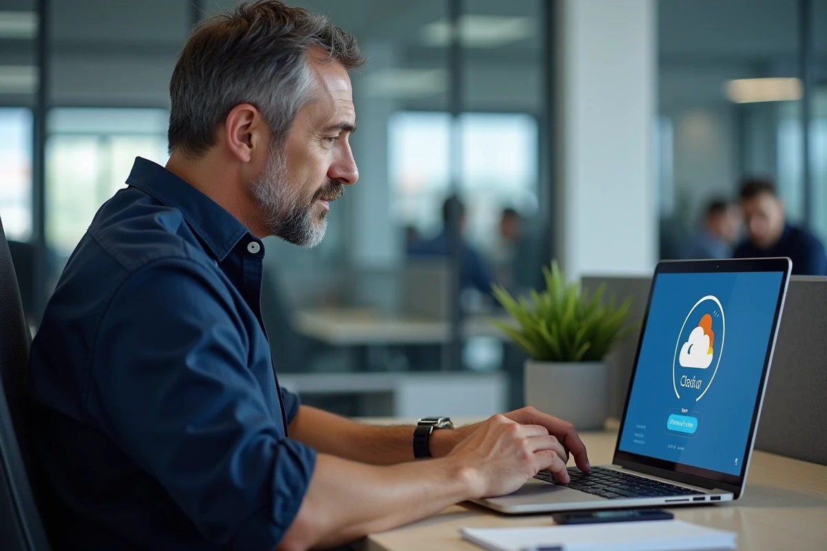 Homme consultant une interface de sauvegarde cloud sur ordinateur pour récupérer des messages supprimés