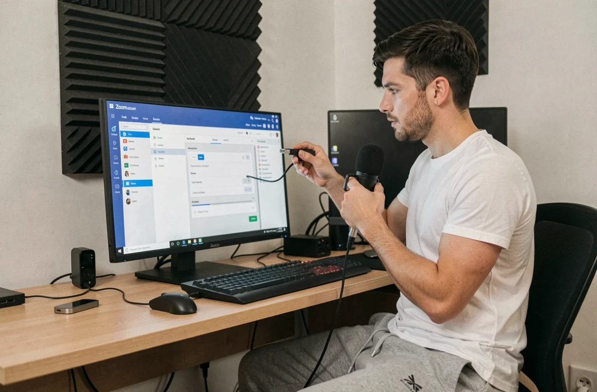 Homme réglant un microphone USB pour améliorer la qualité sonore lors d'un appel Zoom sur PC