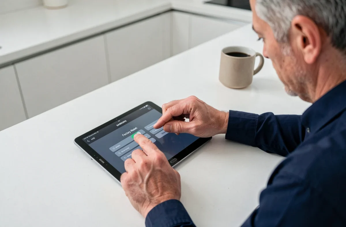 Homme effectuant une réinitialisation d'usine sur une tablette Samsung posée sur un comptoir de cuisine