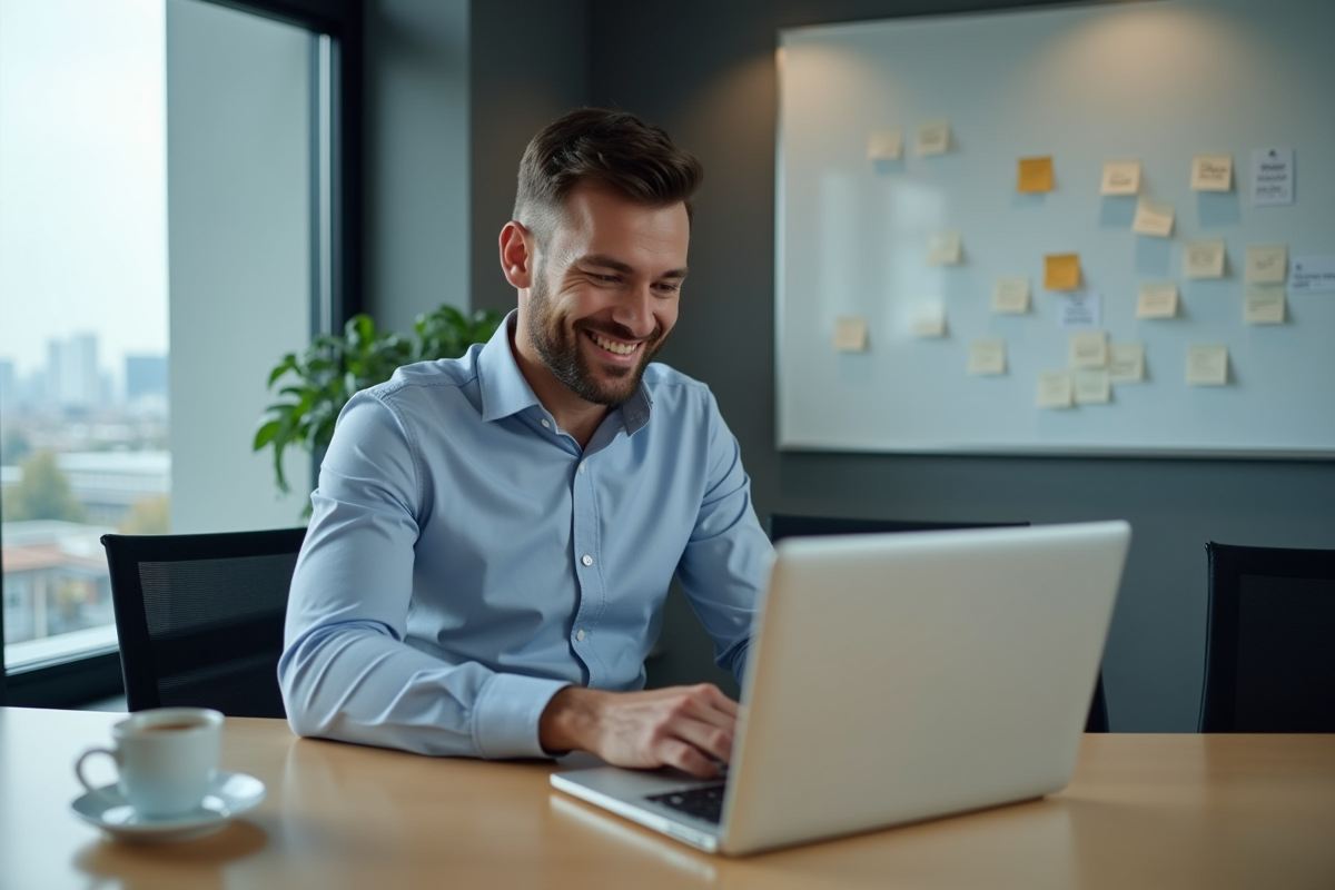 Homme en réunion vérifiant son ordinateur portable