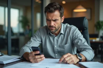Homme sceptique tenant un téléphone PGP chiffré dans un bureau encombré de contrats, illustrant les pièges commerciaux liés aux téléphones cryptés