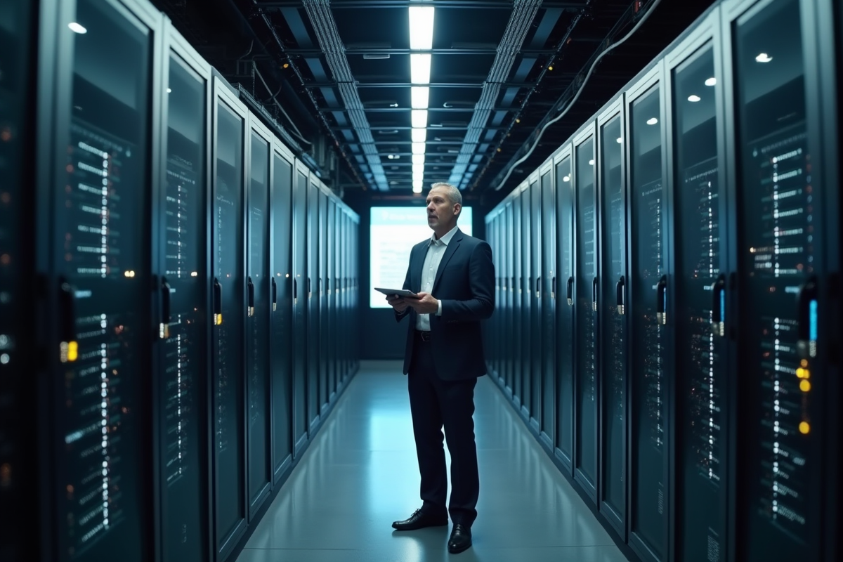 Homme d affaires dans une salle serveurs avec tablette
