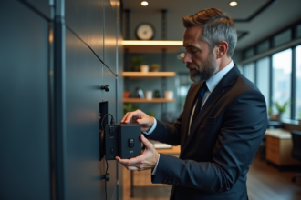 Homme d affaires plaçant un disque dur dans un coffre sécurisé