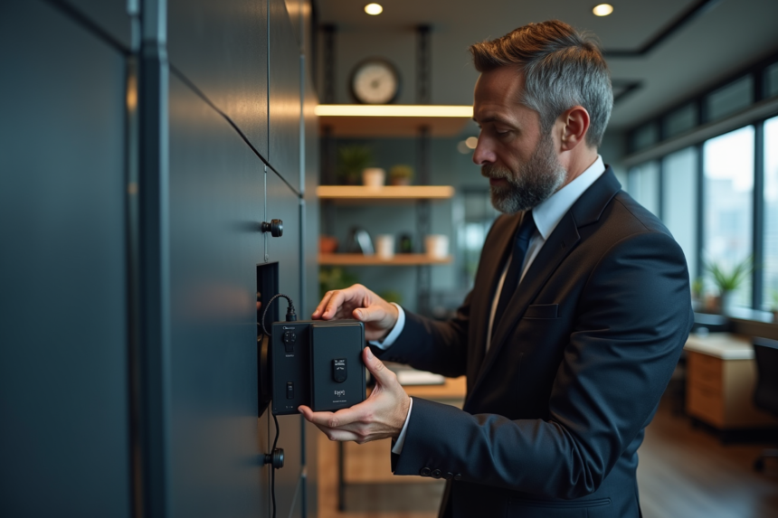 Homme d affaires plaçant un disque dur dans un coffre sécurisé