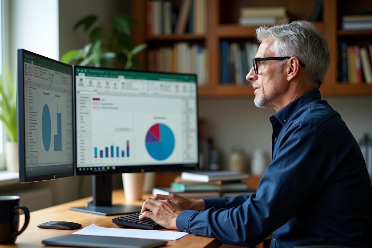 Homme configurant un tableau croisé dynamique et un graphique camembert Excel sur grand écran dans un bureau à domicile