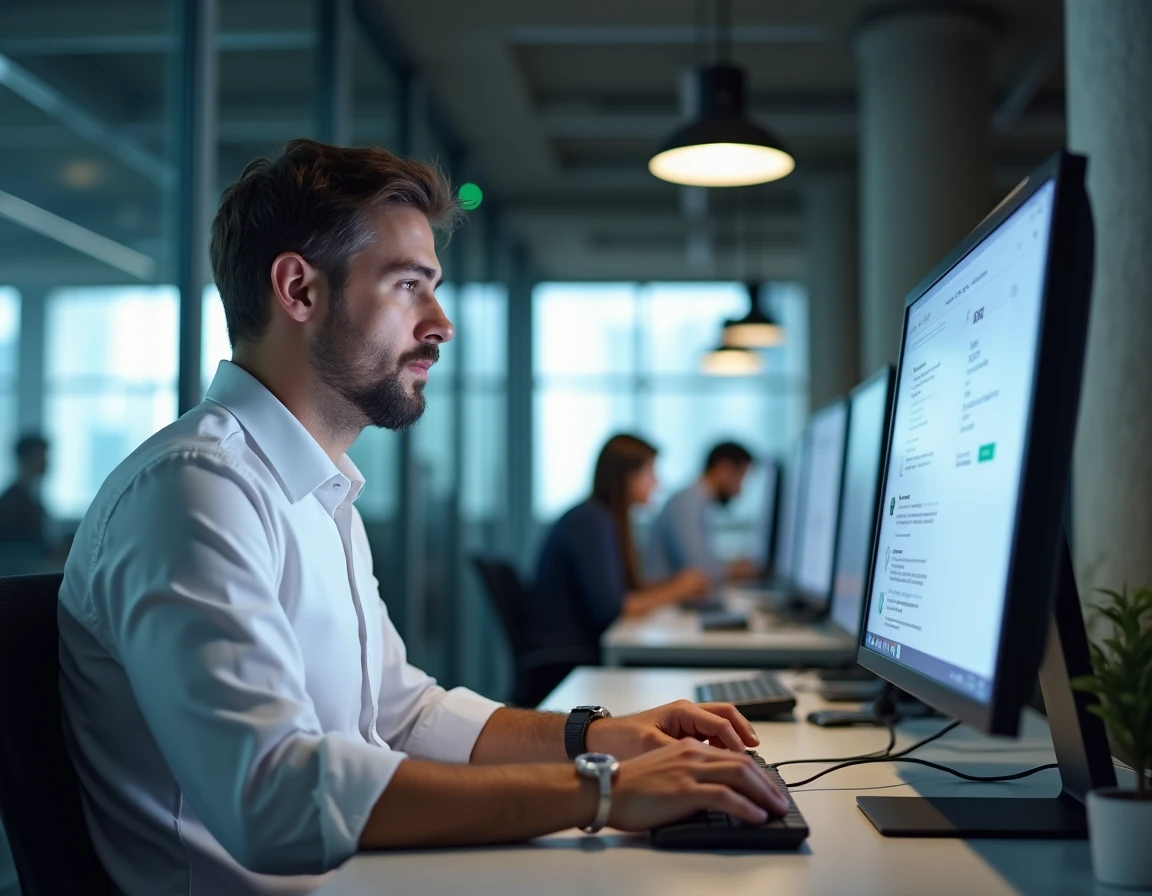 Homme utilisant un VPN sur un ordinateur de bureau dans un espace de coworking pour personnaliser ses recherches Google
