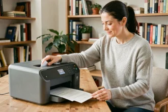 Femme utilisant une imprimante sans cartouche d'encre dans un bureau familial moderne