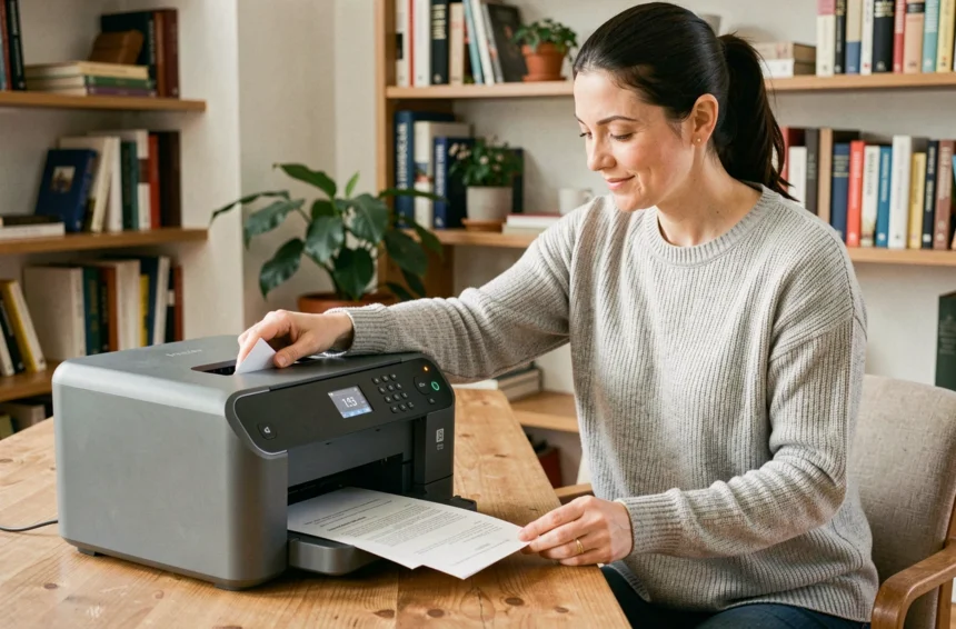 Femme utilisant une imprimante sans cartouche d'encre dans un bureau familial moderne