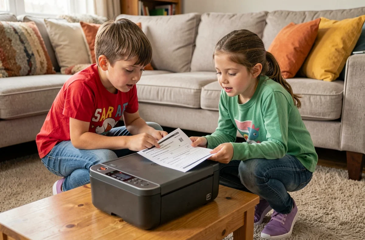 Enfants utilisant une imprimante sans cartouche pour imprimer des documents scolaires dans le salon