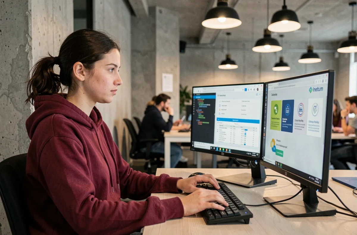 Développeuse Inetum codant sur une interface de services numériques dans un espace de travail technologique au design industriel