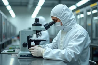 Ingénieur en salle blanche inspectant un wafer de silicium 300mm dans une usine de semi-conducteurs