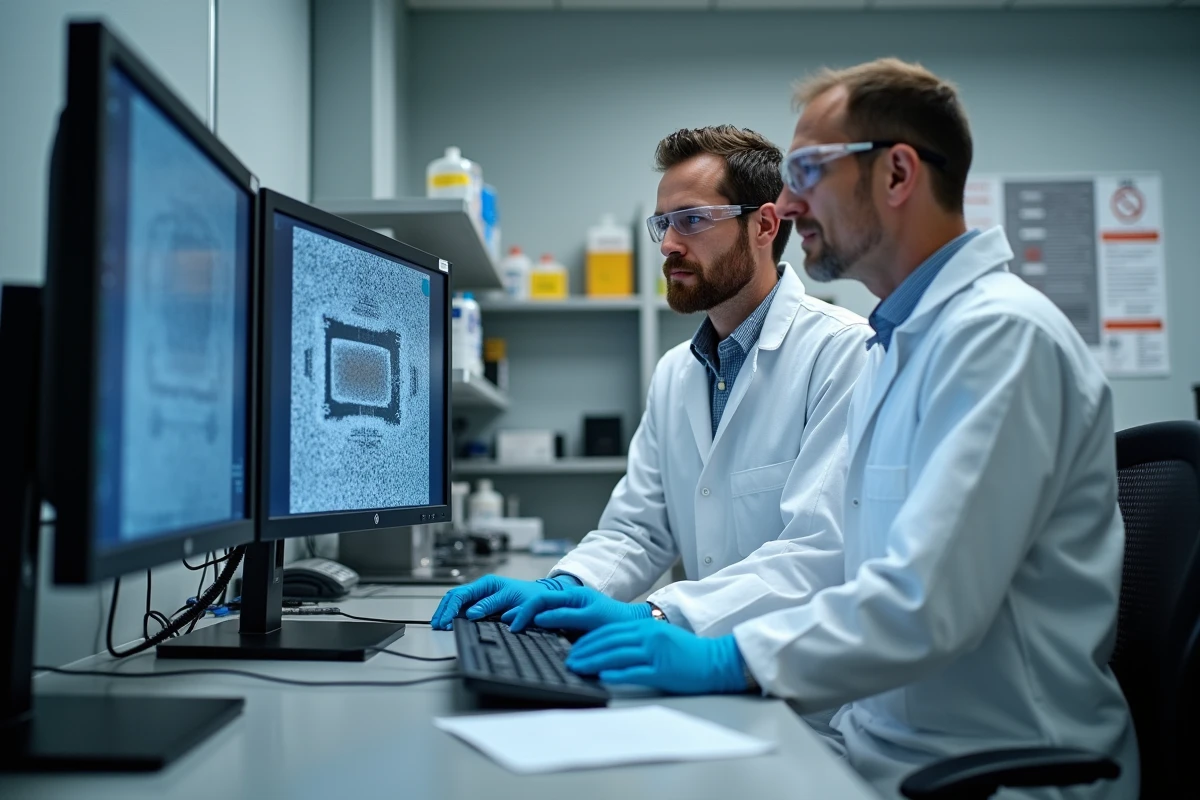 Deux ingénieurs en procédés semi-conducteurs analysant des images MEB de métallisation sous bump dans un laboratoire R&D