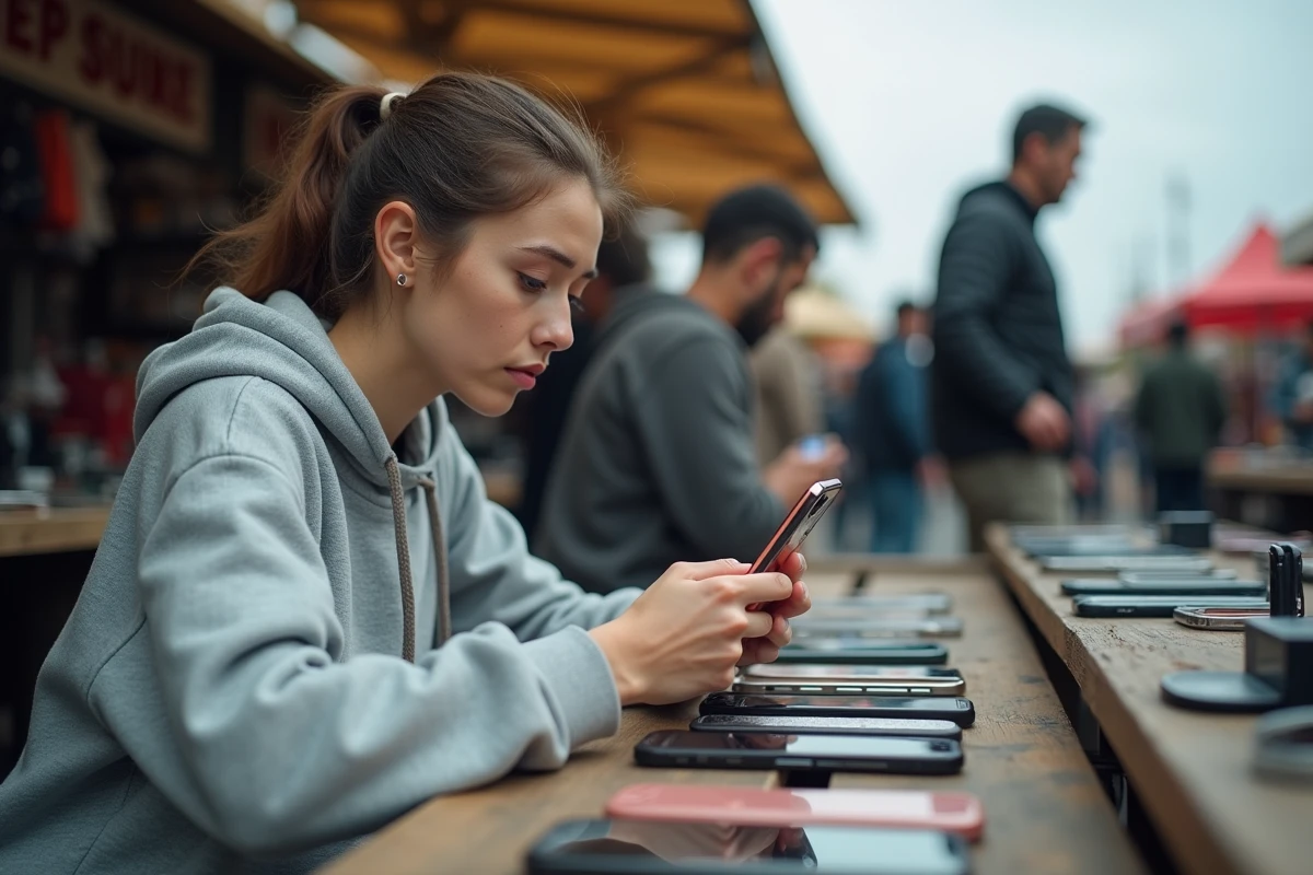 Femme inspectant un iPhone 14 Pro d'occasion sur un marché de revente avant achat