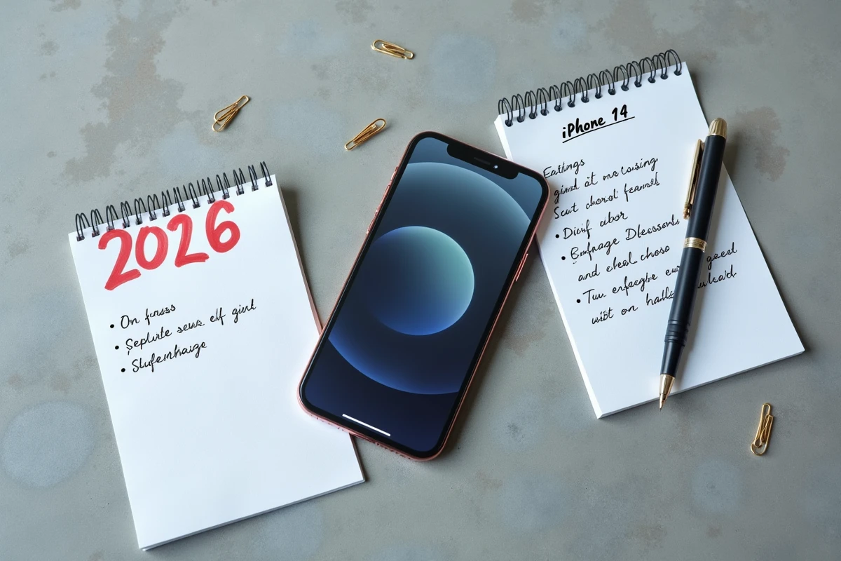 iPhone 14 posé sur une surface en béton avec un calendrier 2026 et des notes manuscrites pour comparer achat ou attente