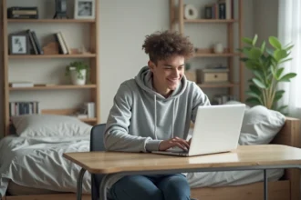 Étudiant adolescent assis à son bureau dans une chambre universitaire