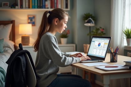 Jeune fille au bureau avec ordinateur et livres