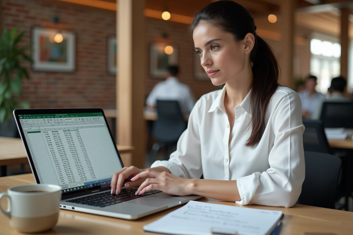 Jeune femme apprenant la formule Excel de calcul d'âge dans un espace de coworking avec notes imprimées