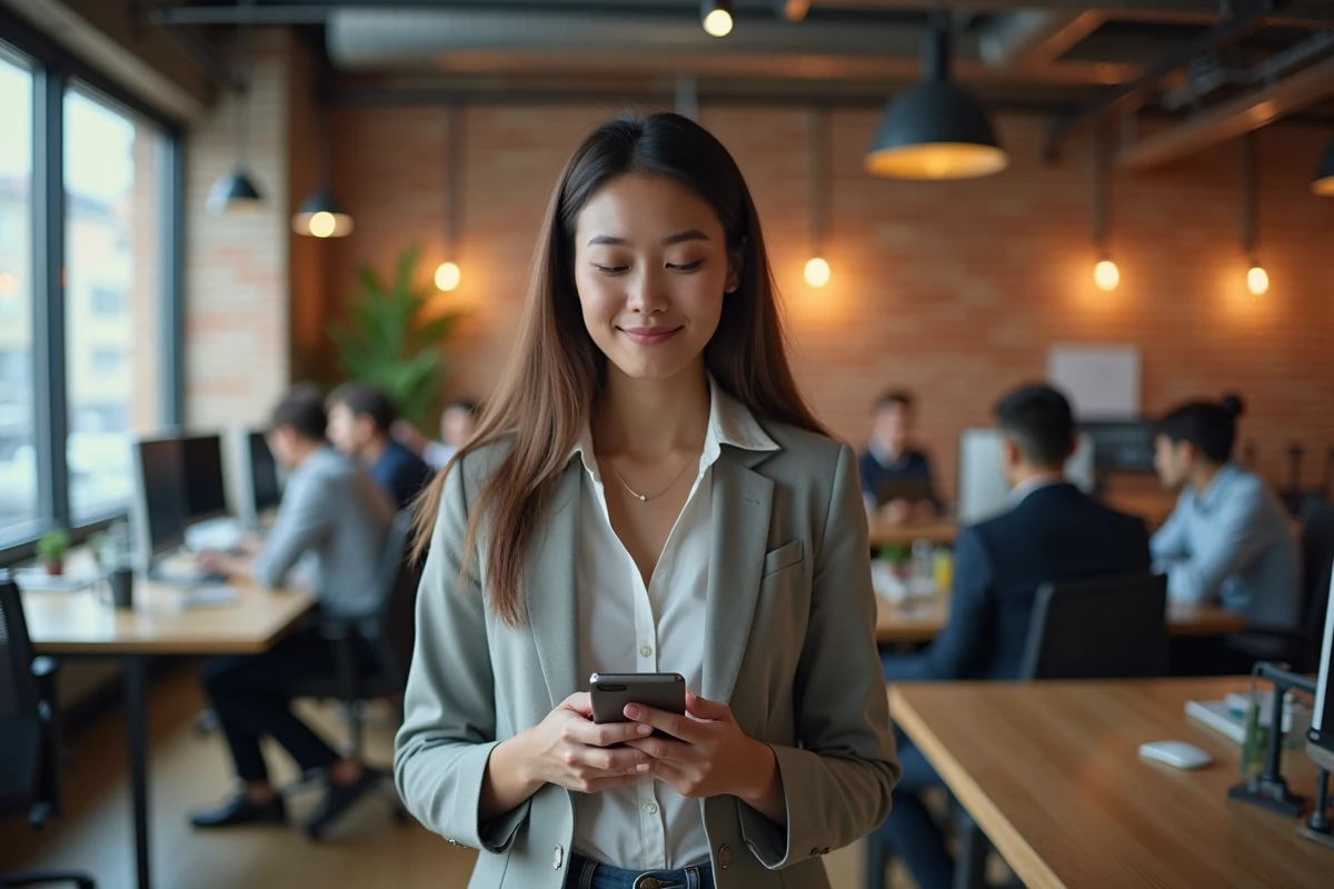 Jeune femme en coworking tenant un smartphone avec alerte de fuite