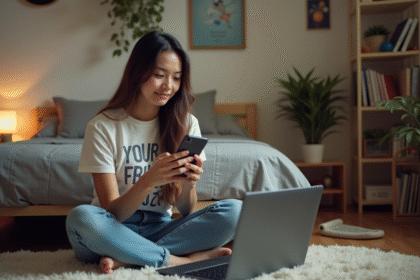 Jeune femme assise sur le sol de sa chambre avec ordinateur et smartphone