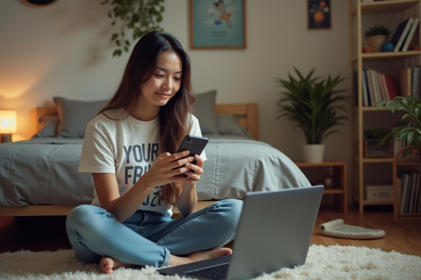 Jeune femme assise sur le sol de sa chambre avec ordinateur et smartphone