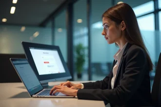 Jeune femme professionnelle utilisant un ordinateur avec popup