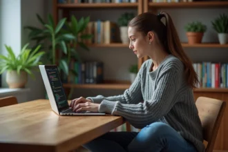 Jeune femme en sweater gris travaillant sur un code Python