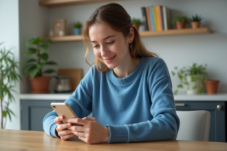 Jeune femme souriante utilisant son iPhone dans la cuisine moderne