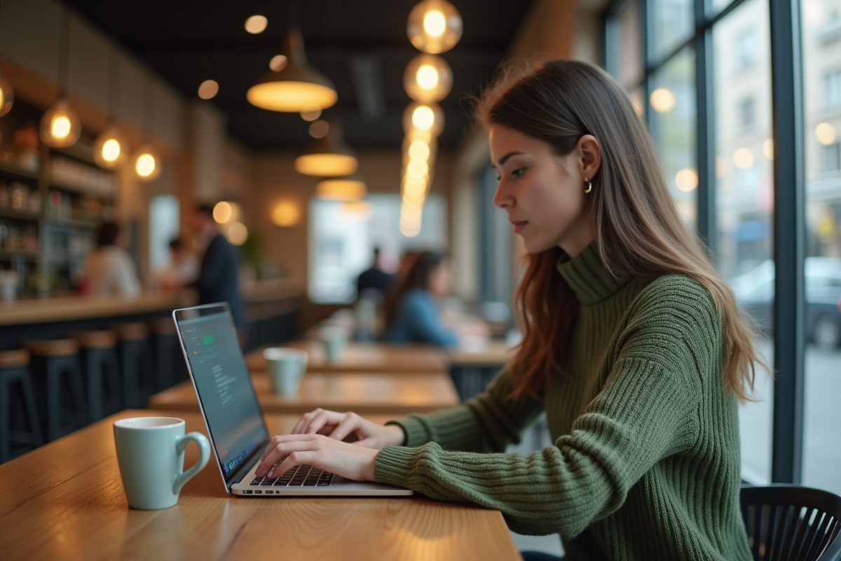 Jeune femme tapant un mot de passe sur un ordinateur portable en café urbain