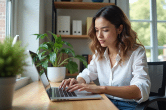 Jeune femme travaillant sur un ordinateur dans un bureau moderne