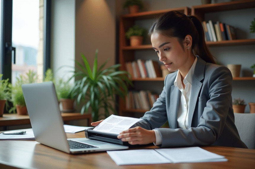 Jeune femme professionnelle scanne un PDF dans son bureau