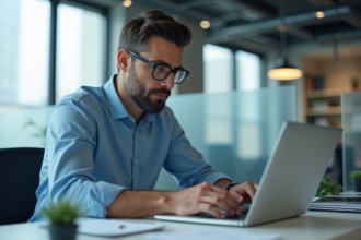 Jeune homme professionnel travaillant sur son ordinateur au bureau