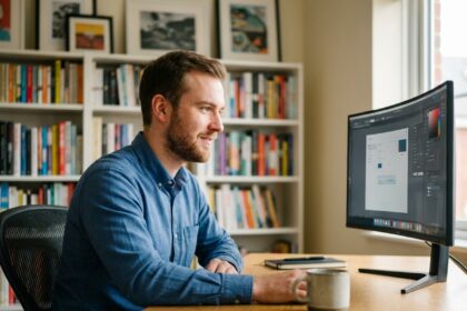 Jeune homme concentré travaillant sur un ordinateur dans un bureau créatif