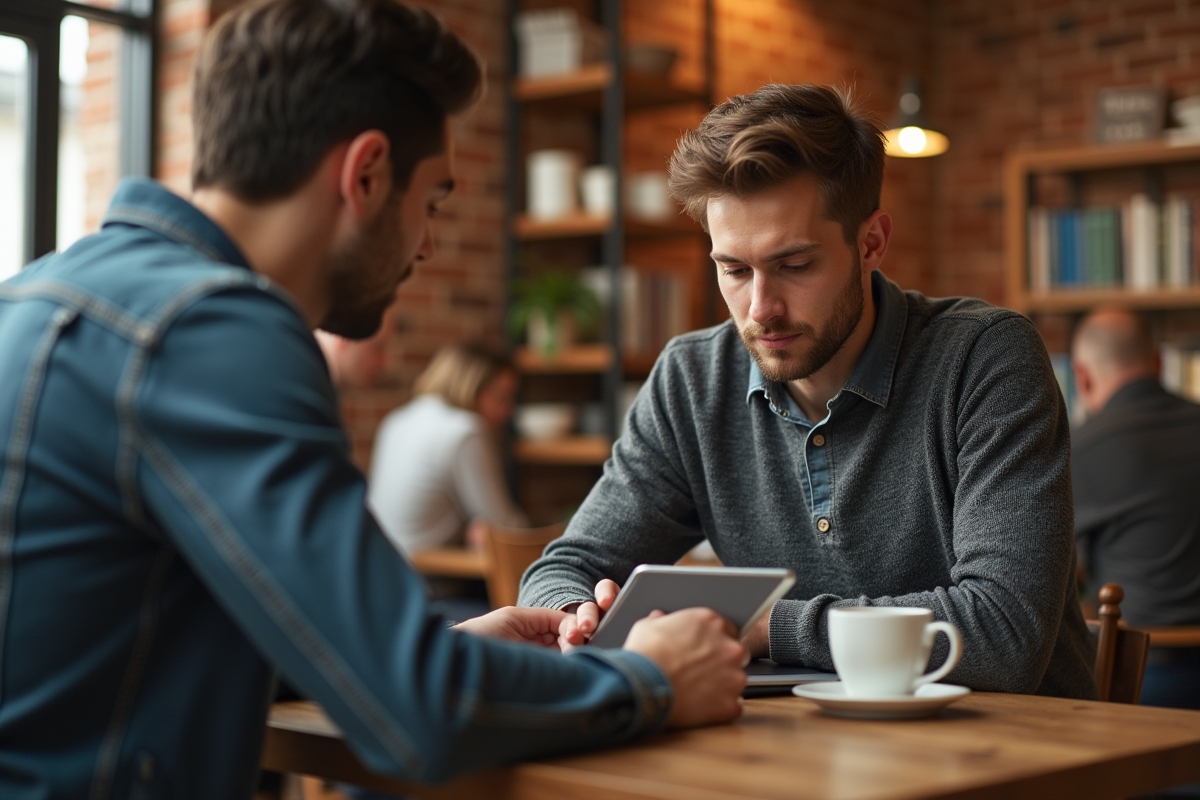 Jeune homme ajoutant un mot de passe sur une tablette au café