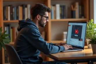 Jeune homme concentré convertissant une vidéo YouTube en MP3 à son bureau