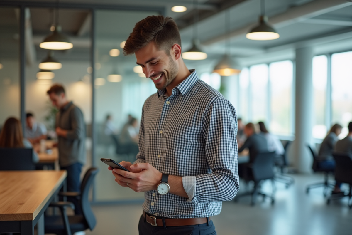 Jeune homme souriant utilisant son téléphone dans un espace de coworking