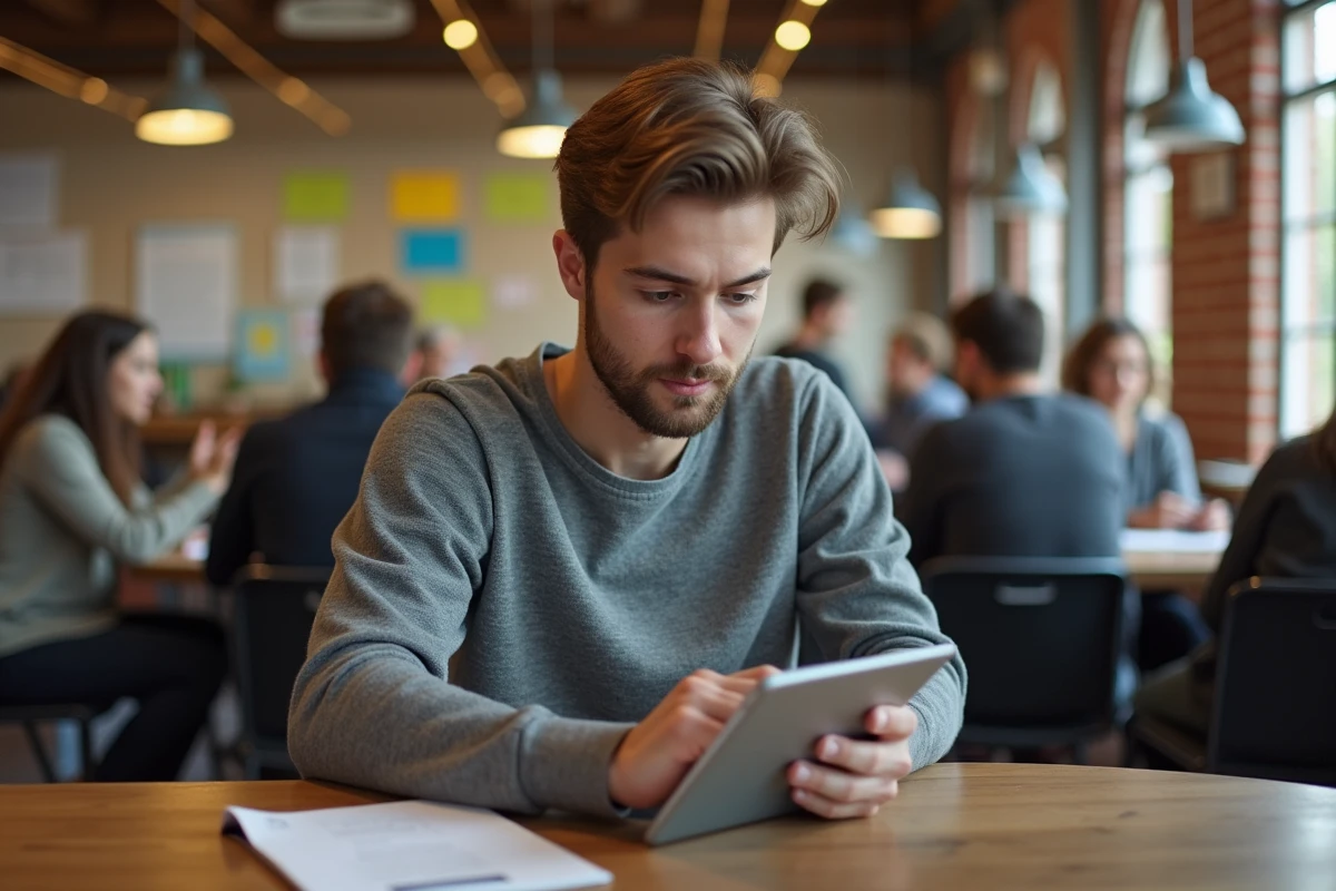 Jeune homme étudiant utilisant une tablette dans un espace universitaire