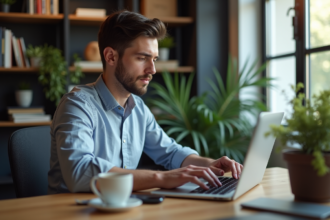 Jeune homme concentré utilisant un gestionnaire de mots de passe