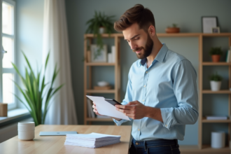 Jeune homme en bleu scanne un document au bureau