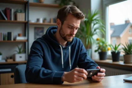 Jeune homme en hoodie compare un SSD et une carte graphique