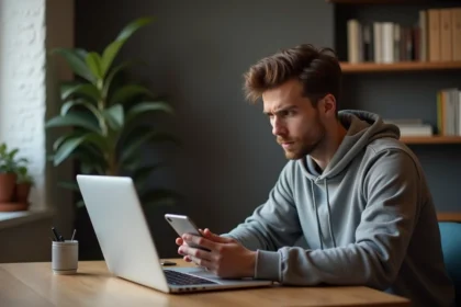 Jeune homme en hoodie regardant son smartphone avec erreur