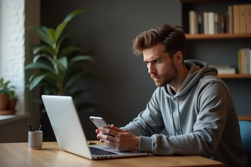 Jeune homme en hoodie regardant son smartphone avec erreur